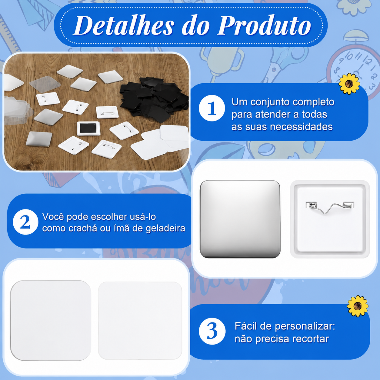 Kit Completo para Botton e Ímã de Geladeira Quadrado 50mm — 50 Conjuntos