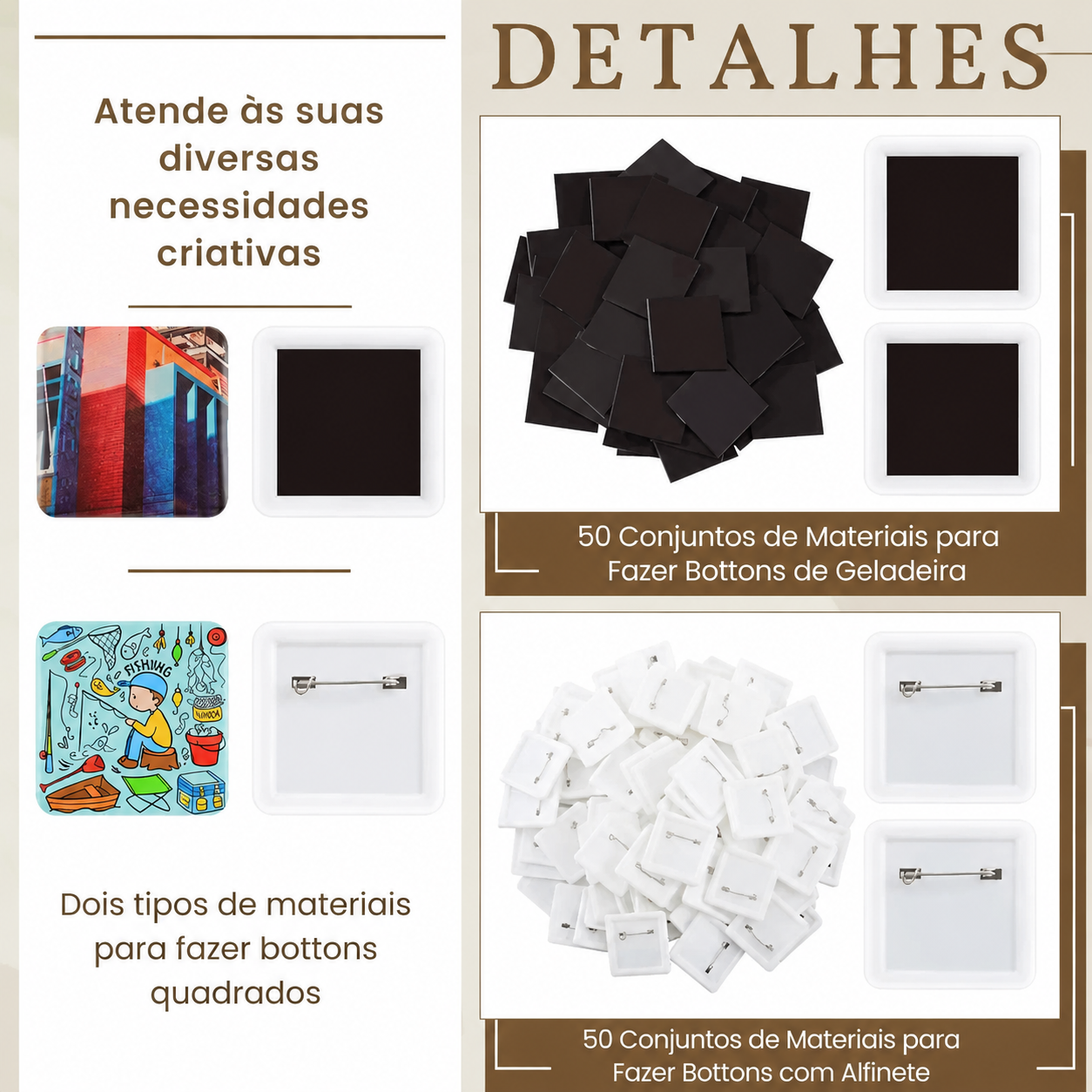 Kit Completo para Botton e Ímã de Geladeira Quadrado 50mm — 50 Conjuntos