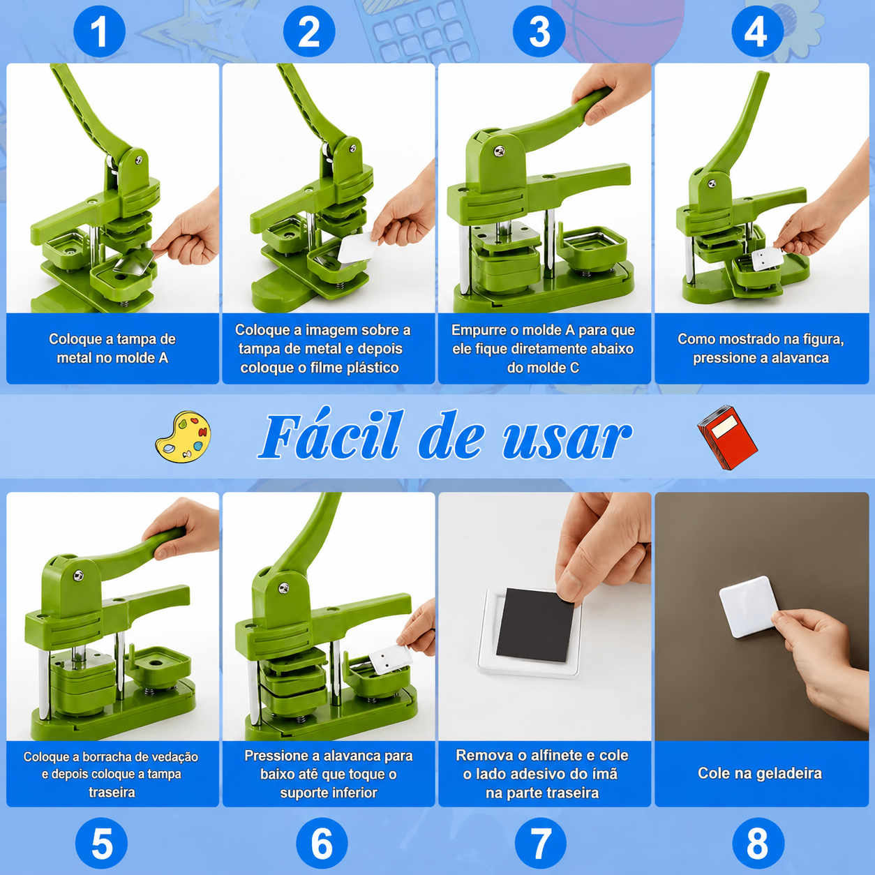 Kit Completo para Botton e Ímã de Geladeira Quadrado 50mm — 50 Conjuntos