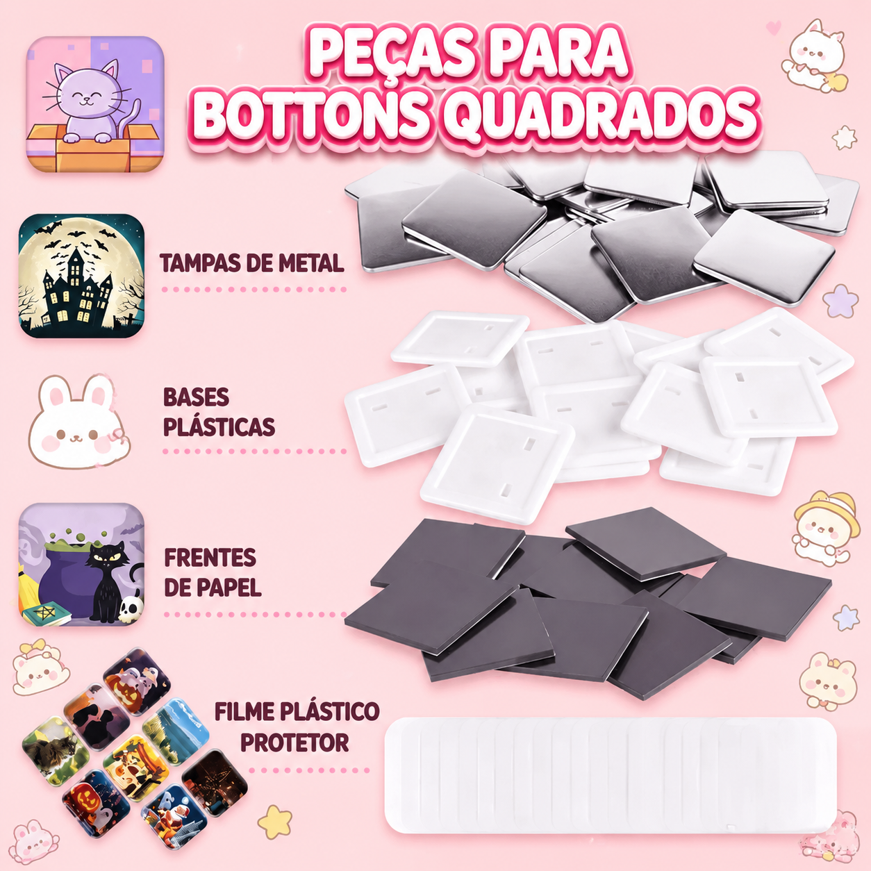 Kit Completo para Botton e Ímã de Geladeira Quadrado 50mm — 50 Conjuntos