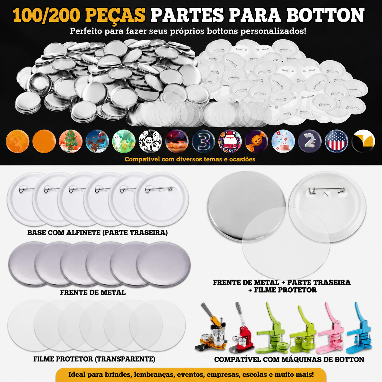 Kit de Peças para Botton Maker Completo — Shell + Film PVC + Base com Pino