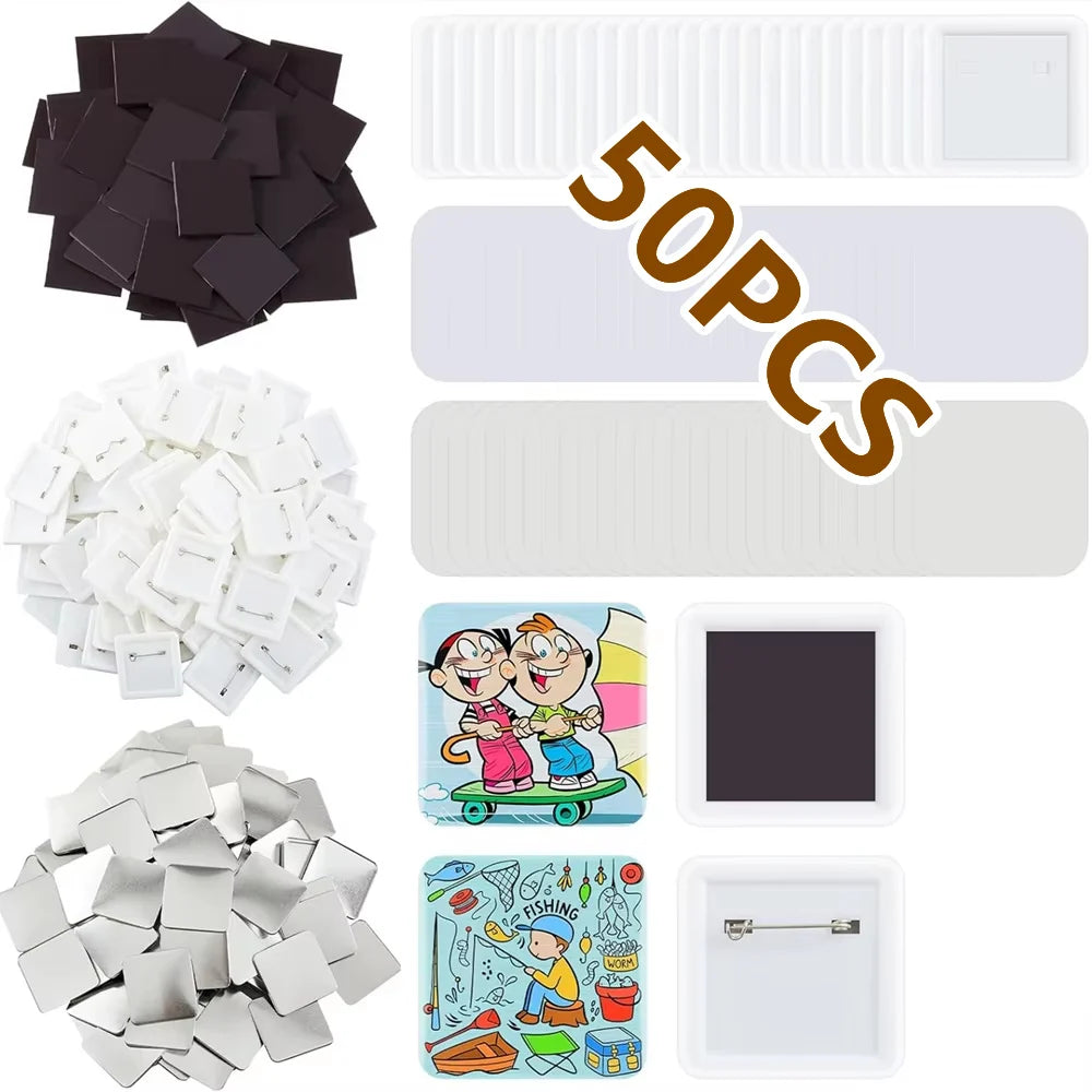 Kit Completo para Botton e Ímã de Geladeira Quadrado 50mm — 50 Conjuntos